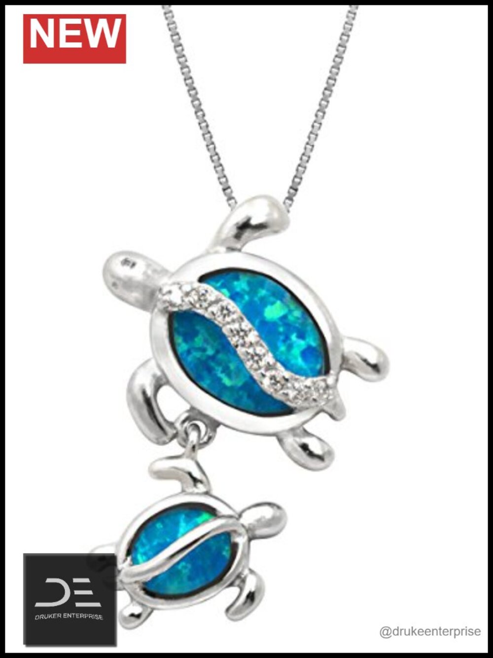 Sterling Silver Turtle Pendant Necklace Simulated Blue Opal CZ Adjustable